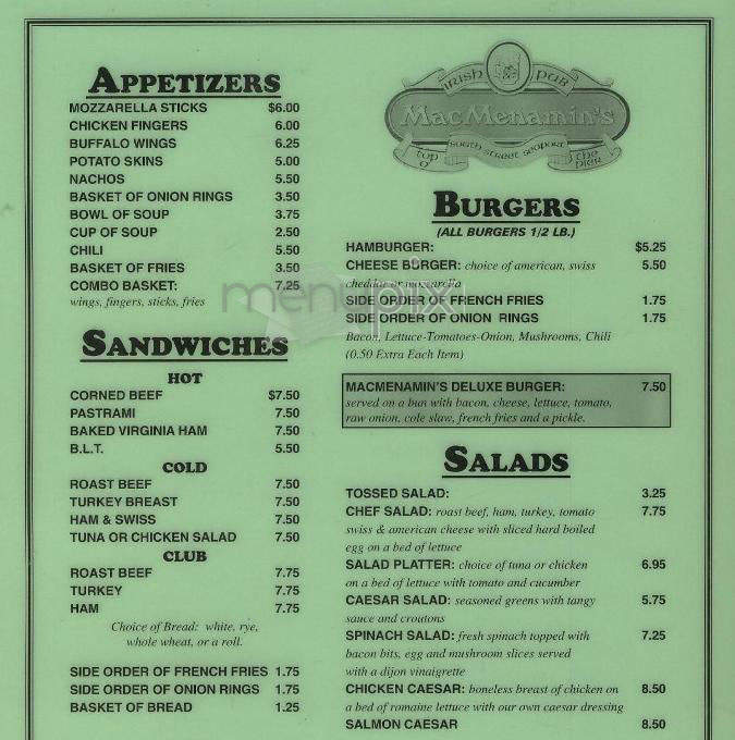 MacMenamins Irish Pub - New York, NY menu_pic
