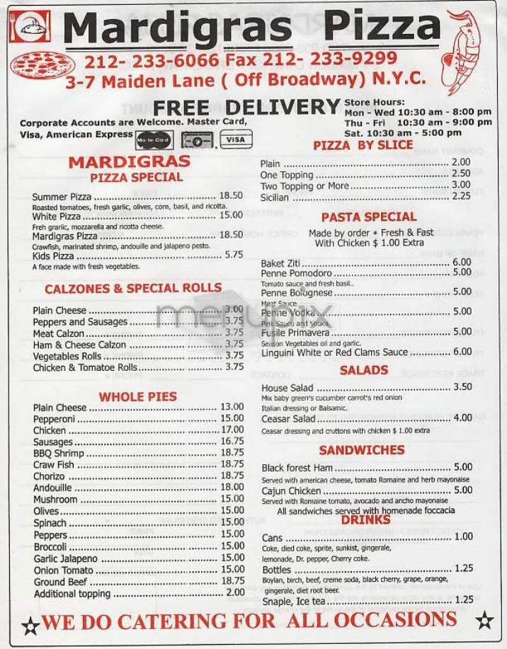 Mardi Gras Pizza - New York, NY menu_pic