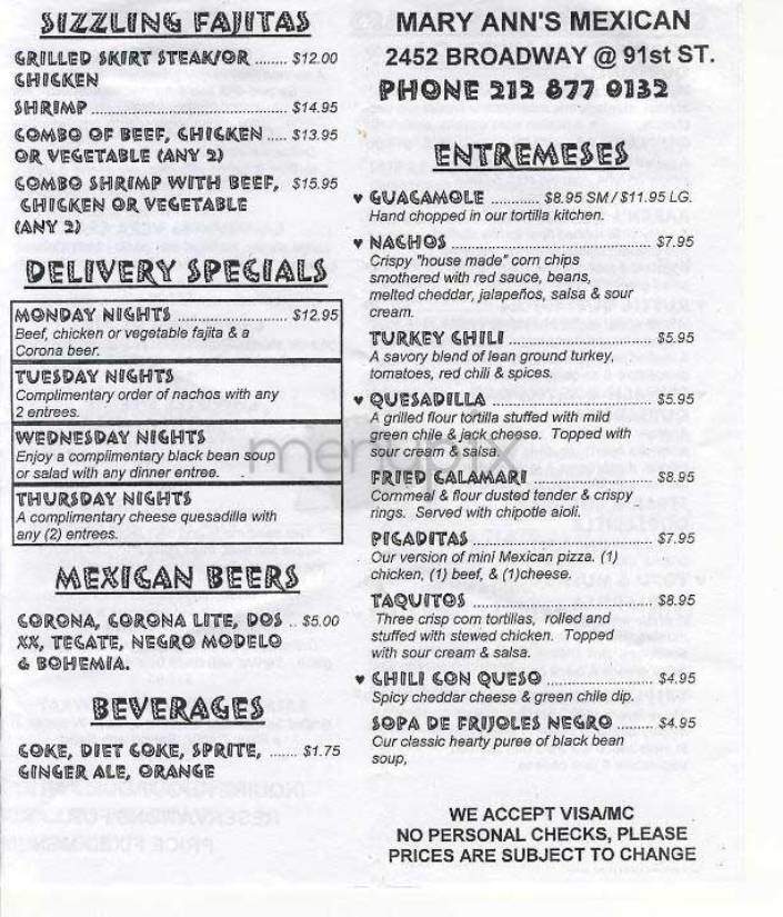Mary Ann's - New York, NY menu_pic