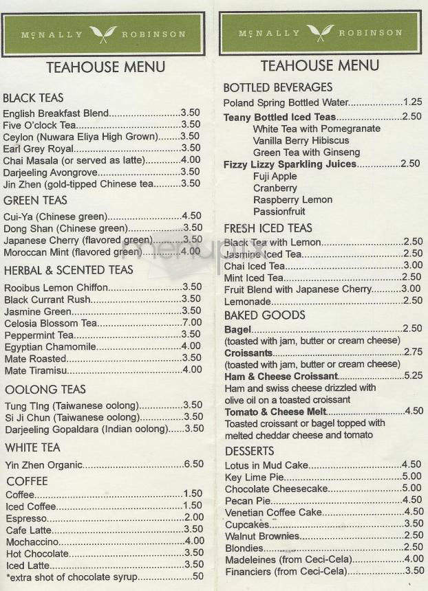 McNally Robinson Tea House - New York, NY menu_pic