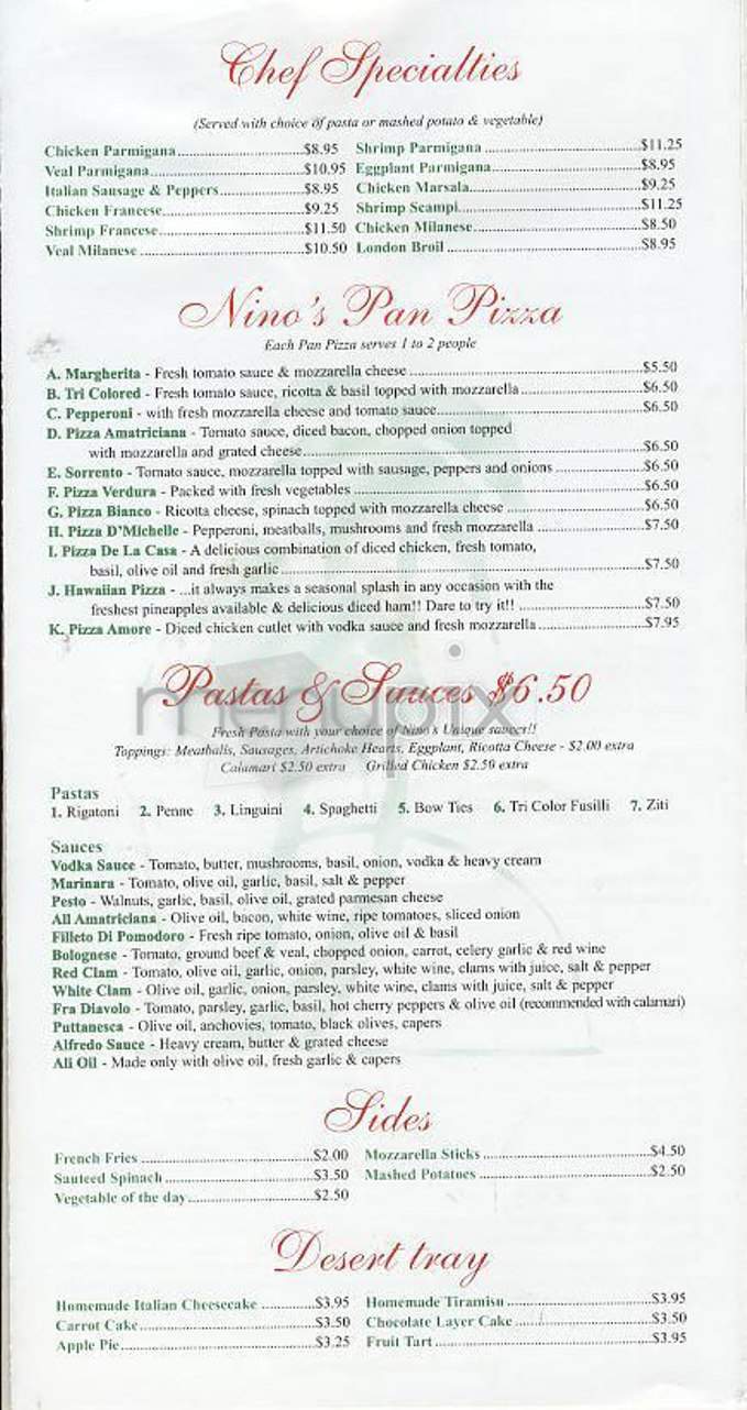 Nino's Trattoria - New York, NY menu_pic