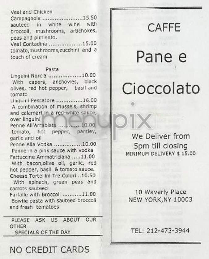 Pane e Cioccolato - New York, NY menu_pic
