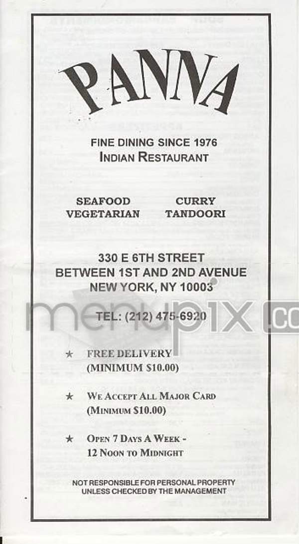 Panna India Cuisine - New York, NY menu_pic