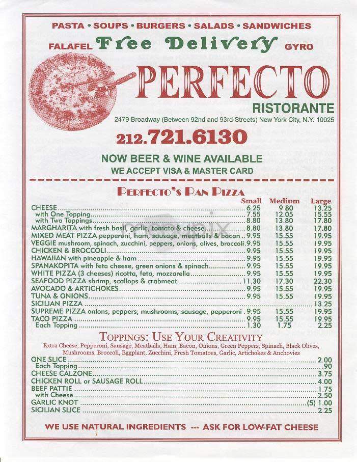 Perfecto Ristorante - New York, NY menu_pic