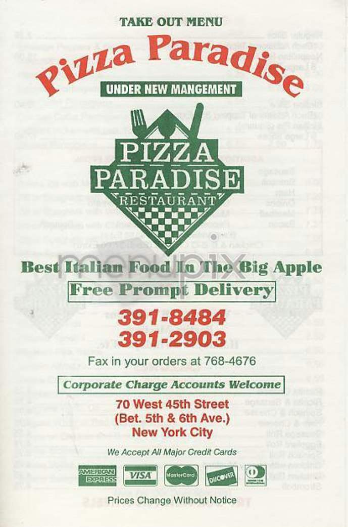 Pizza Paradise - New York, NY menu_pic