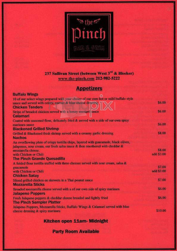 The Pinch Bar & Grill - New York, NY menu_pic