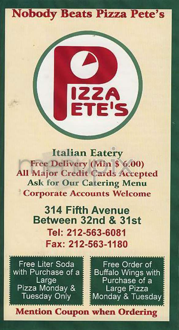Pizza Pete's - New York, NY menu_pic