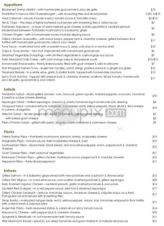 Prohibition - Westwood, NJ menu_pic