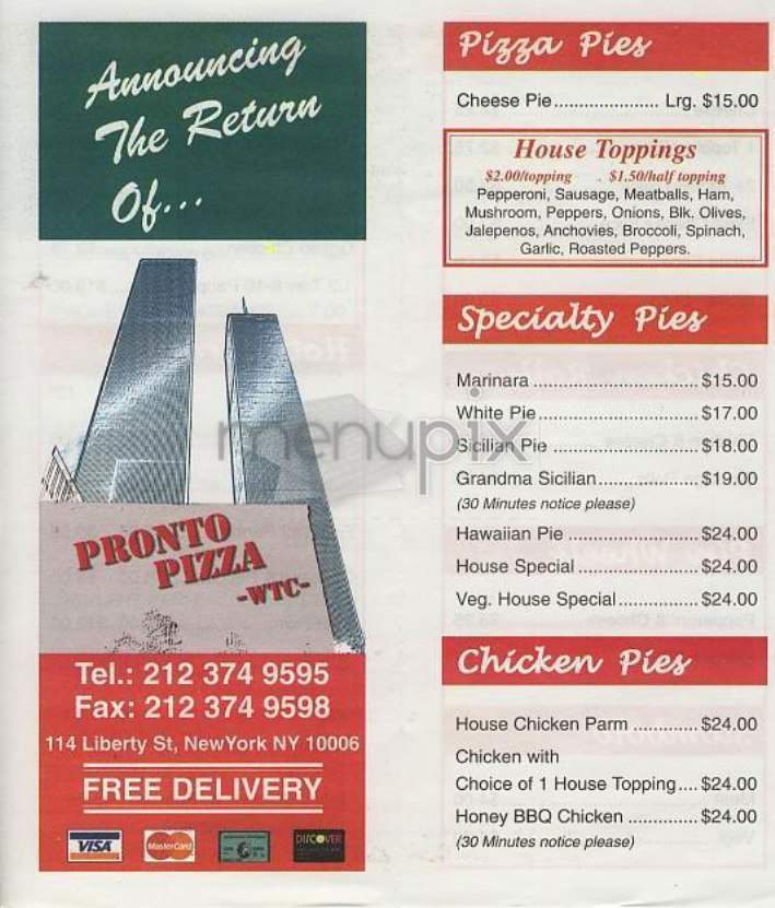 Pronto Pizza - New York, NY menu_pic