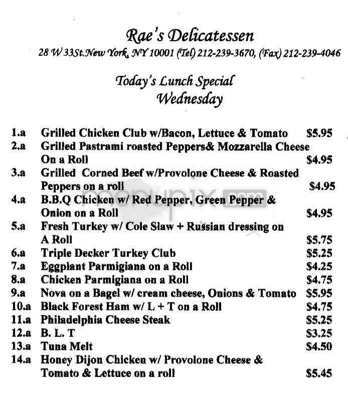 Rae's Deli - New York, NY menu_pic