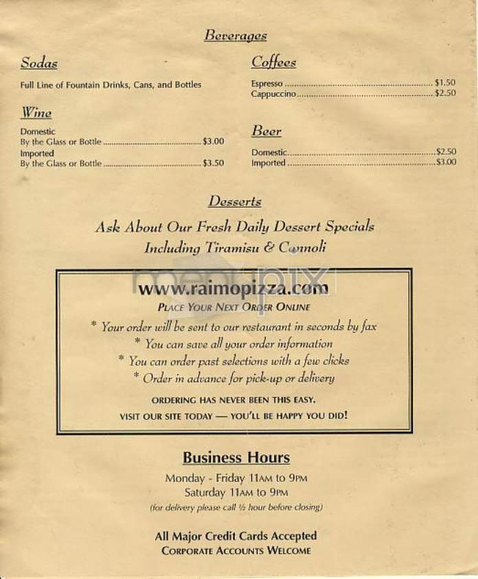 Raimo Pizza - New York, NY menu_pic