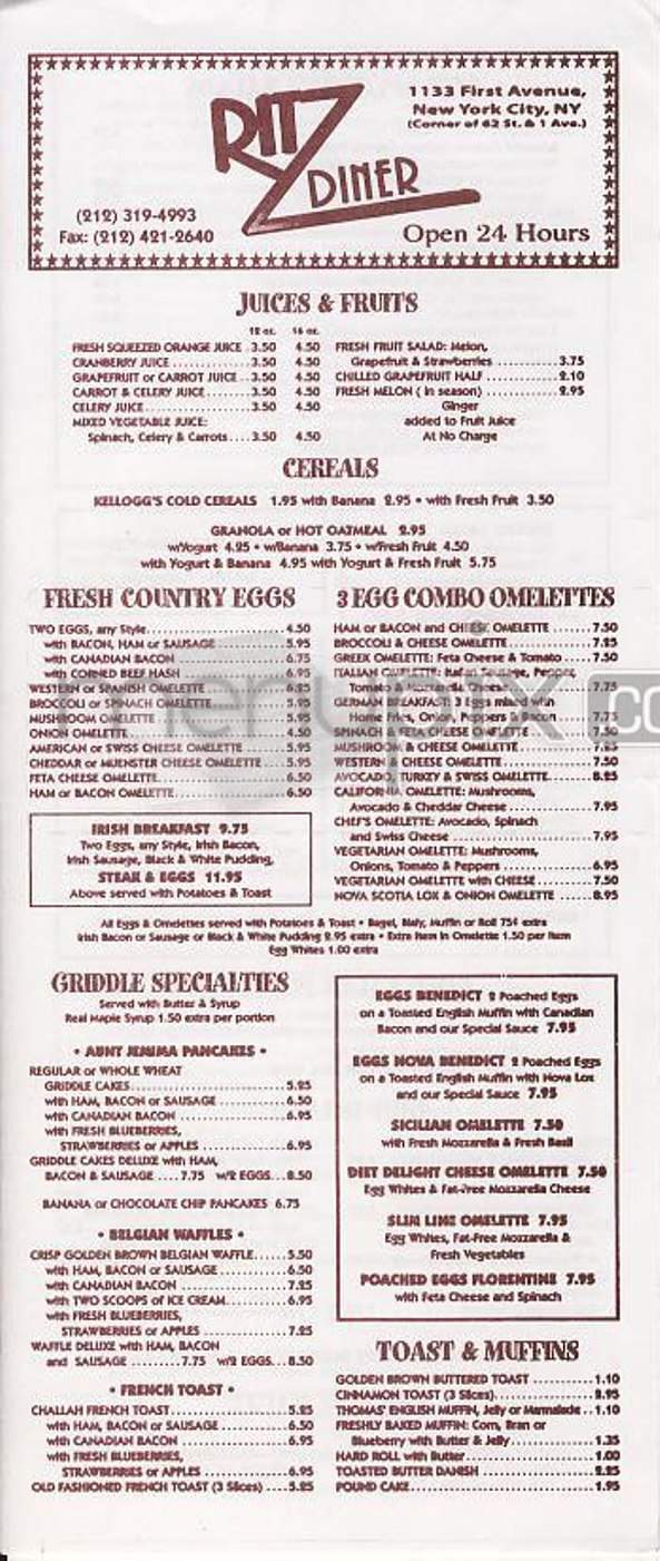 Ritz Diner - New York, NY menu_pic