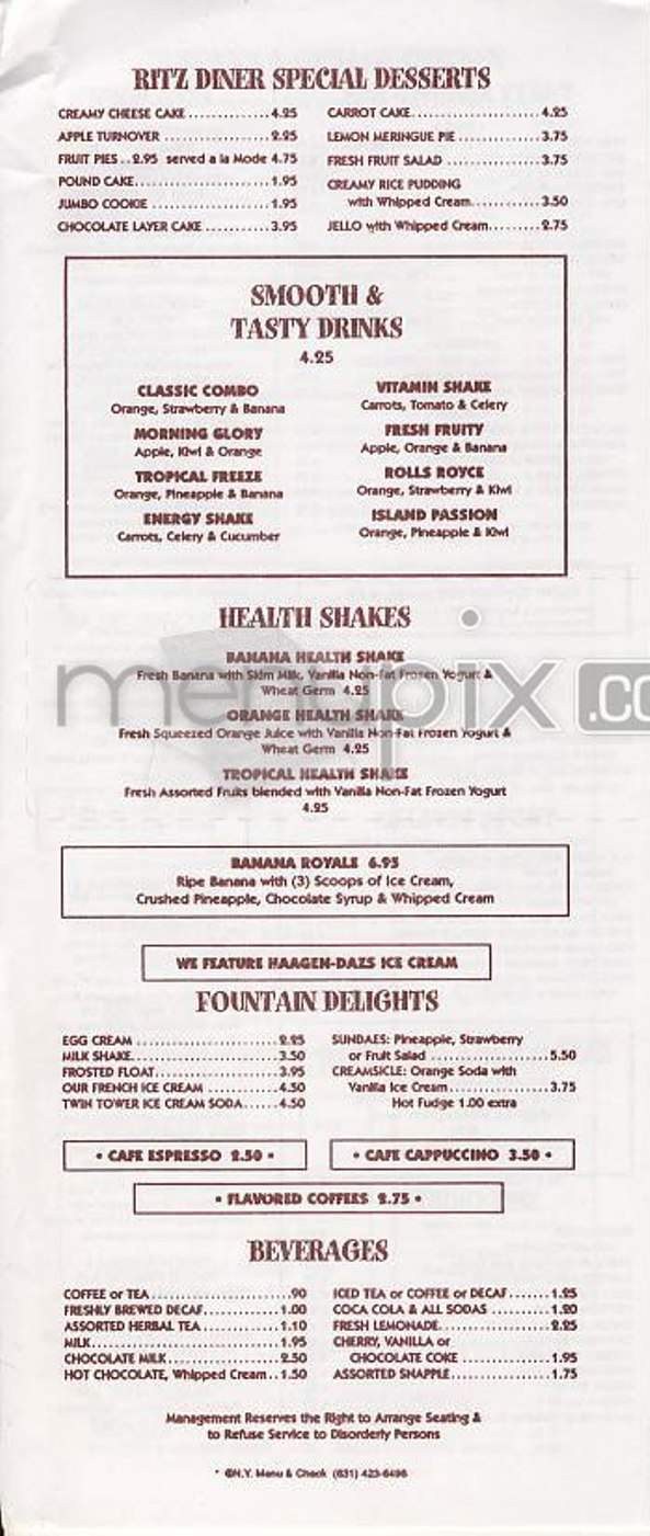 Ritz Diner - New York, NY menu_pic