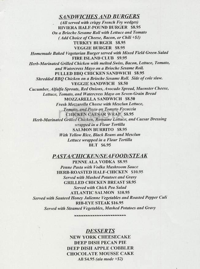 Riviera Cafe - New York, NY menu_pic