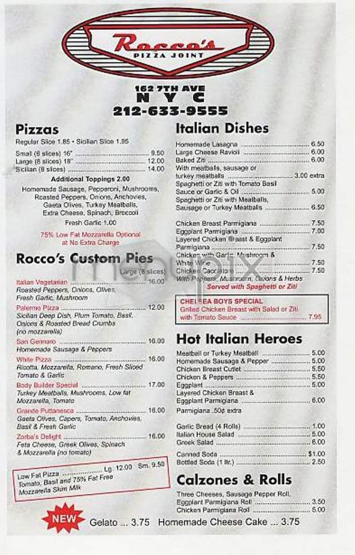 Rocco's Pizza Joint - New York, NY menu_pic