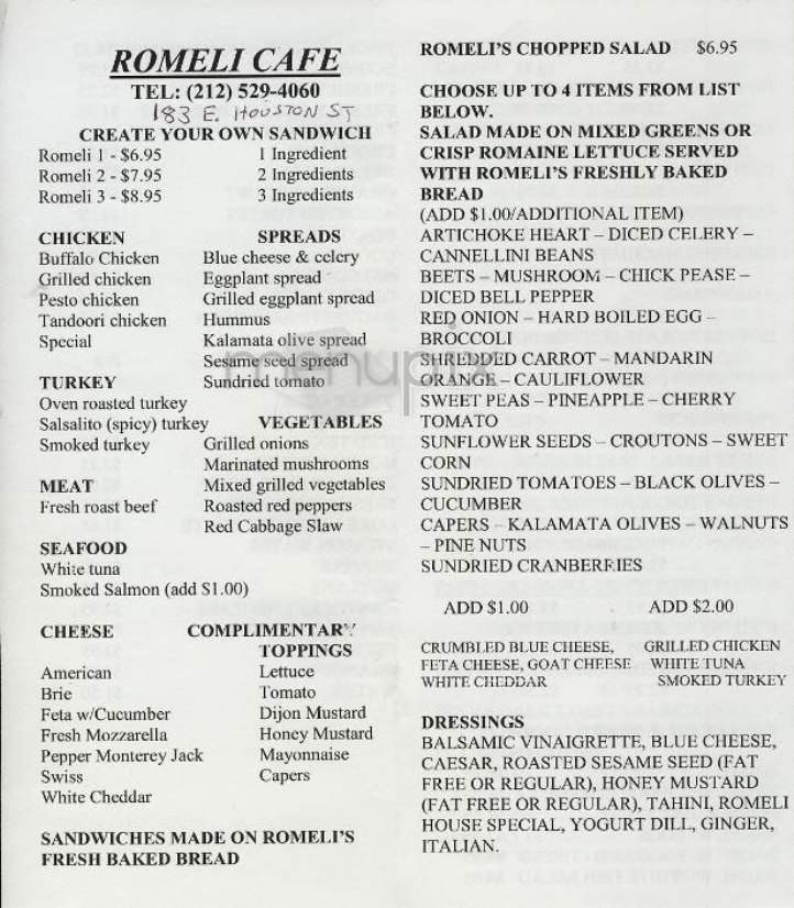 Romeli Cafe - New York, NY menu_pic