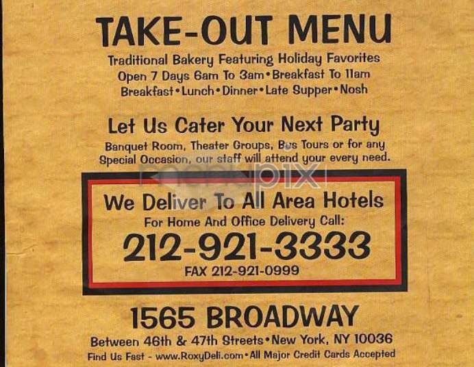 Roxy Delicatessen - New York, NY menu_pic