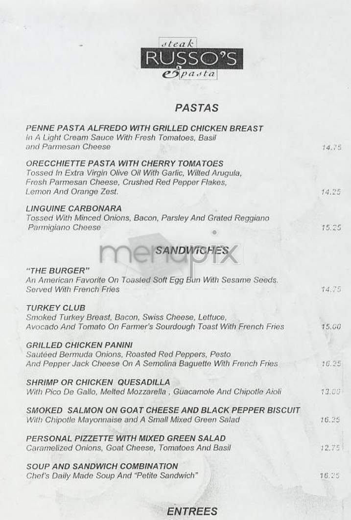 Russo's Steak & Pasta - New York, NY menu_pic