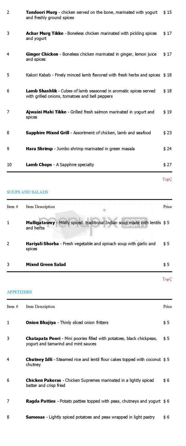 Sapphire - New York, NY menu_pic