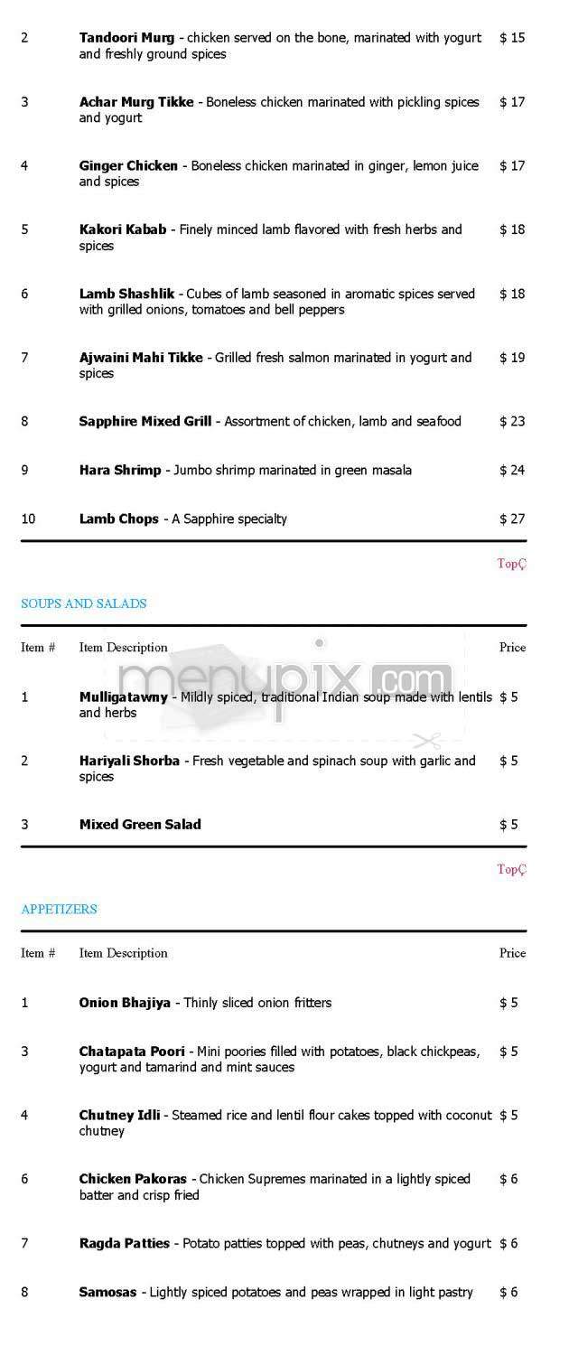 Sapphire - New York, NY menu_pic
