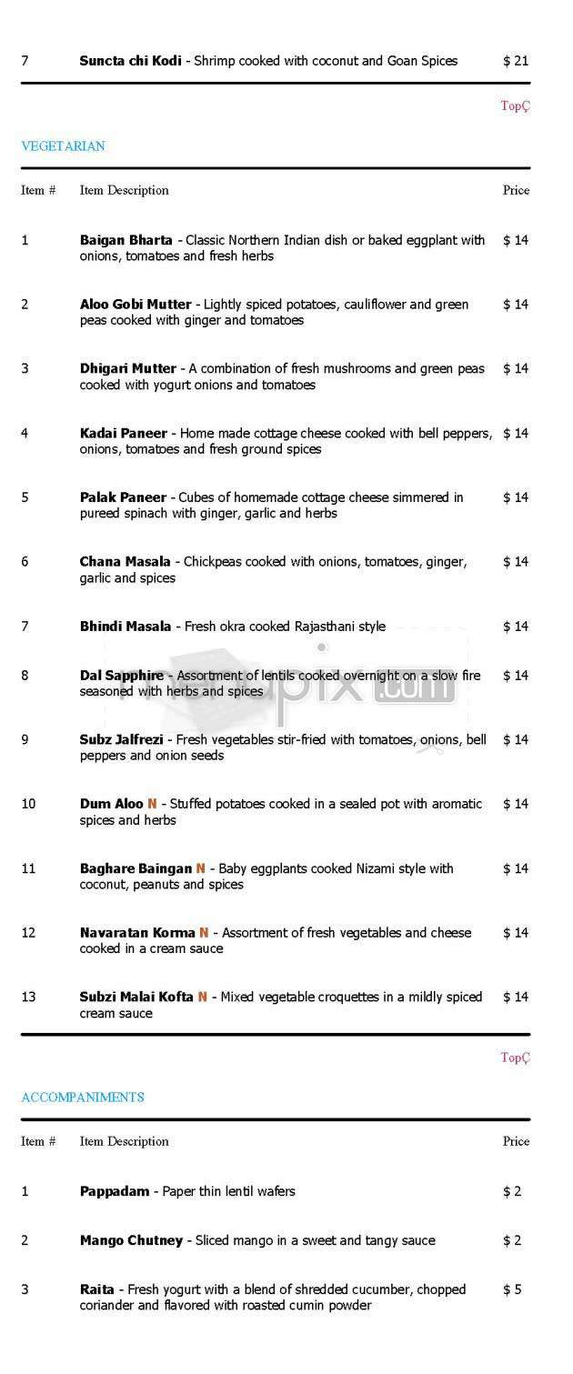 Sapphire - New York, NY menu_pic