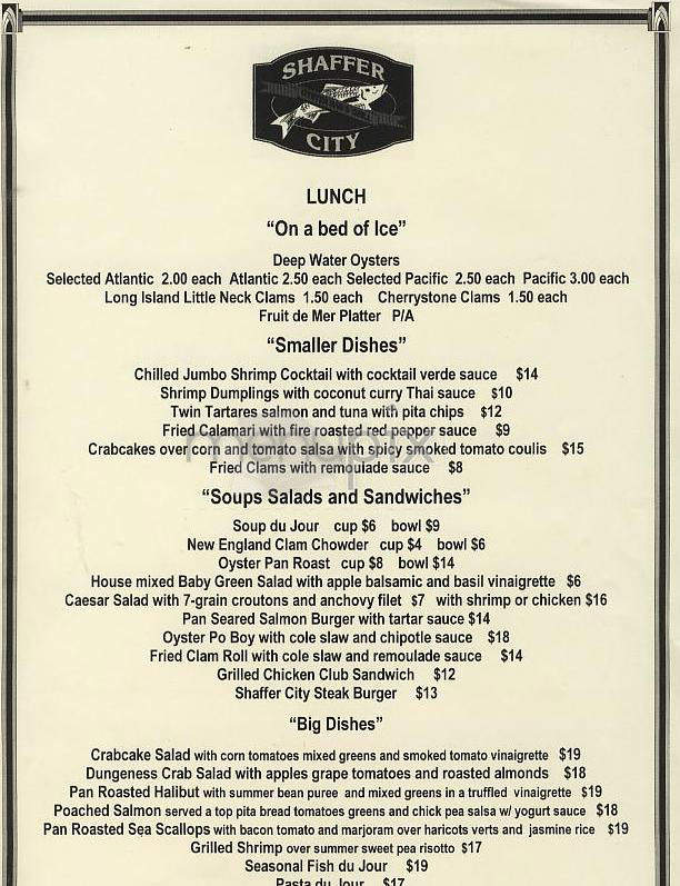 Shaffer City Oyster Bar - New York, NY menu_pic