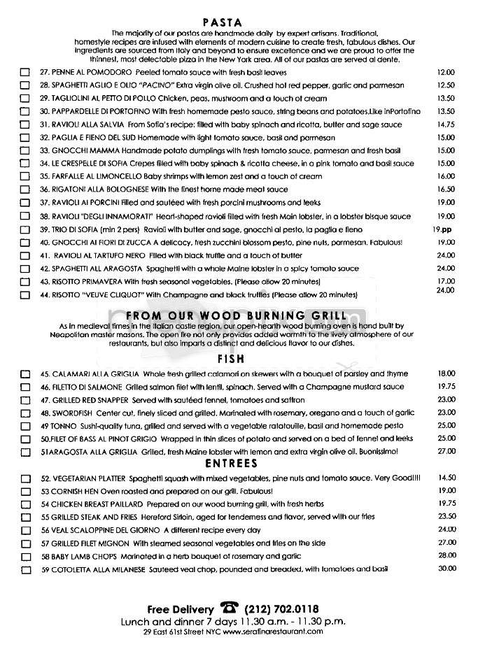 Serafina Fabulous Grill - New York, NY menu_pic