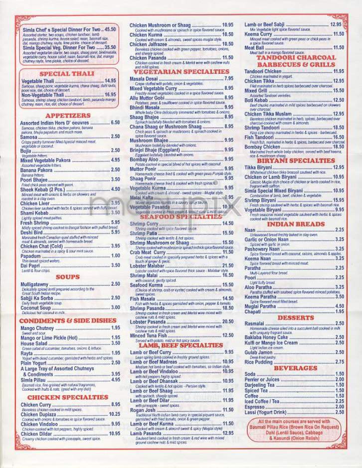 Simla Indian - New York, NY menu_pic