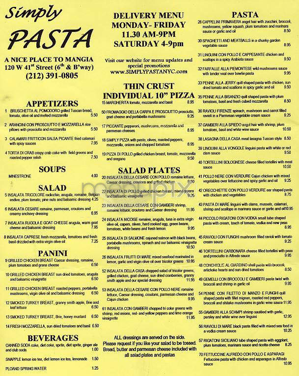 Simply Pasta - New York, NY menu_pic