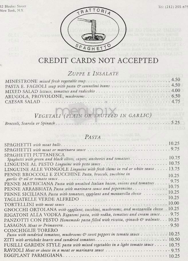 Trattoria Spaghetto - New York, NY menu_pic