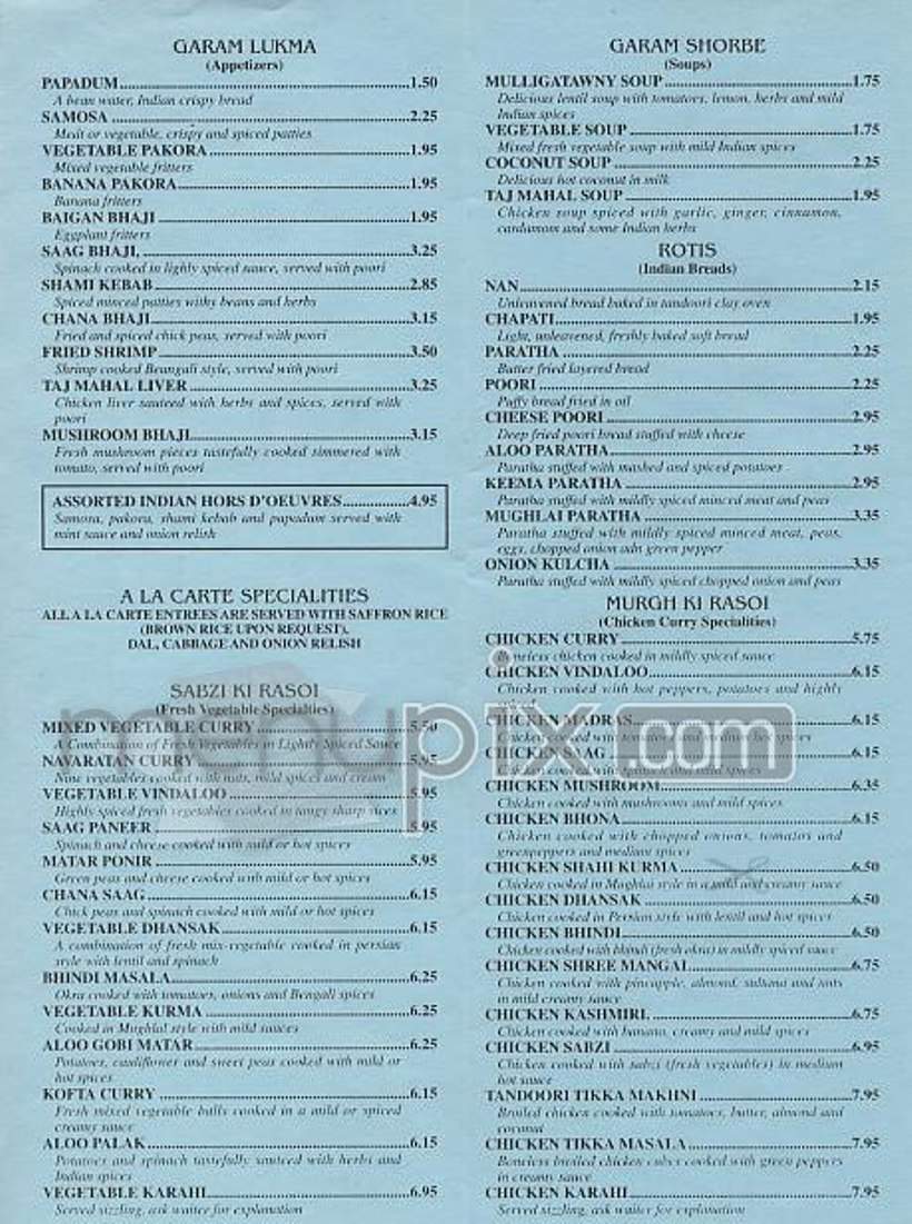 Taj Mahal - New York, NY menu_pic
