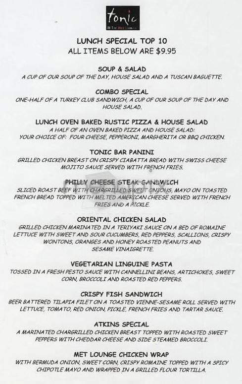 Tonic Bar-The Met Lounge - New York, NY menu_pic