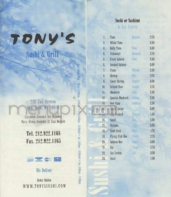 Tony's Sushi & Grill - New York, NY menu_pic