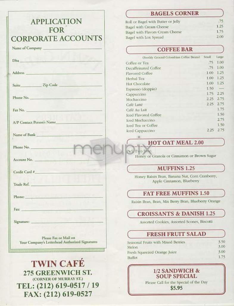 Twin Cafe - New York, NY menu_pic