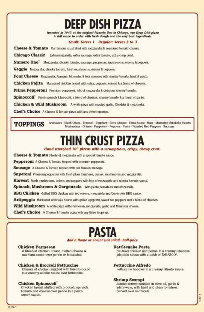 Uno Chicago Grill - New York, NY menu_pic