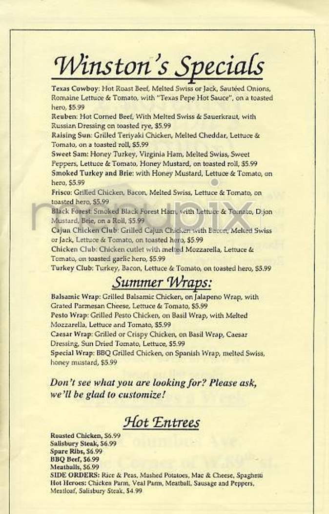 Winston's Gourmet Deli - New York, NY menu_pic