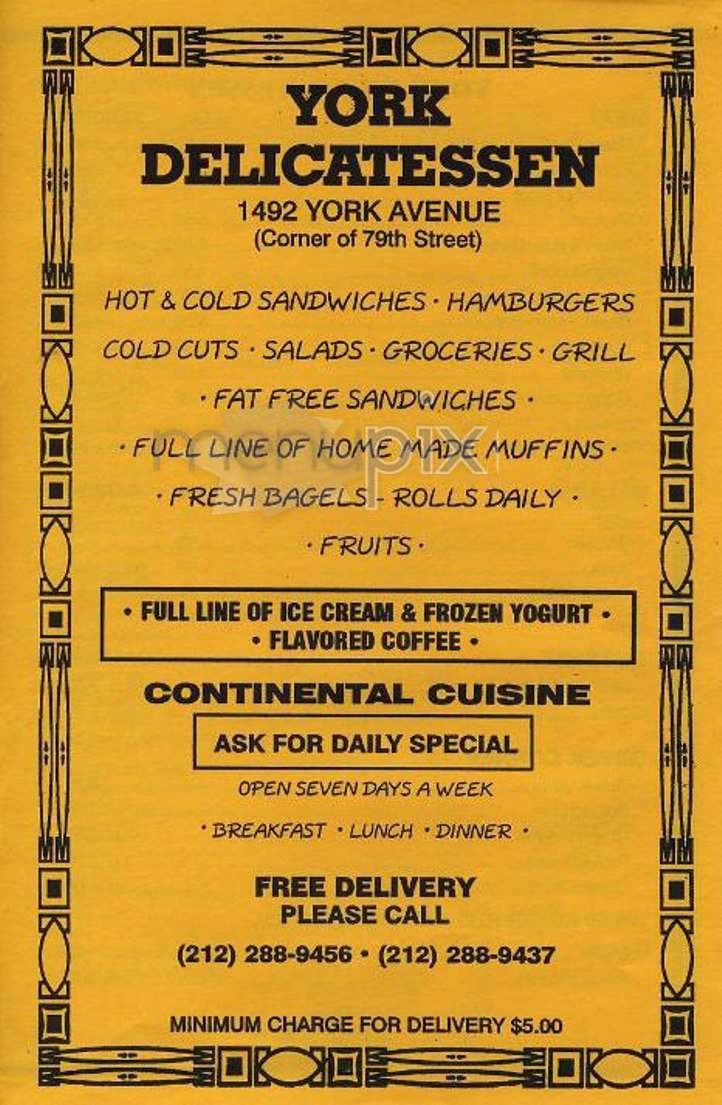 Menu Of York Delicatessen In New York Ny