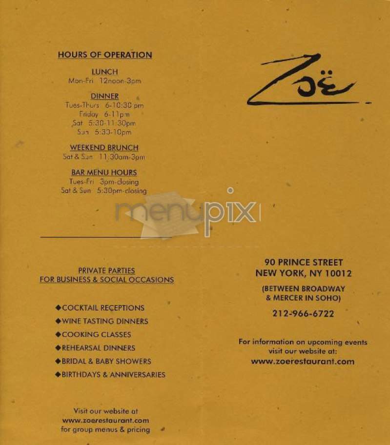 Zoe - New York, NY menu_pic