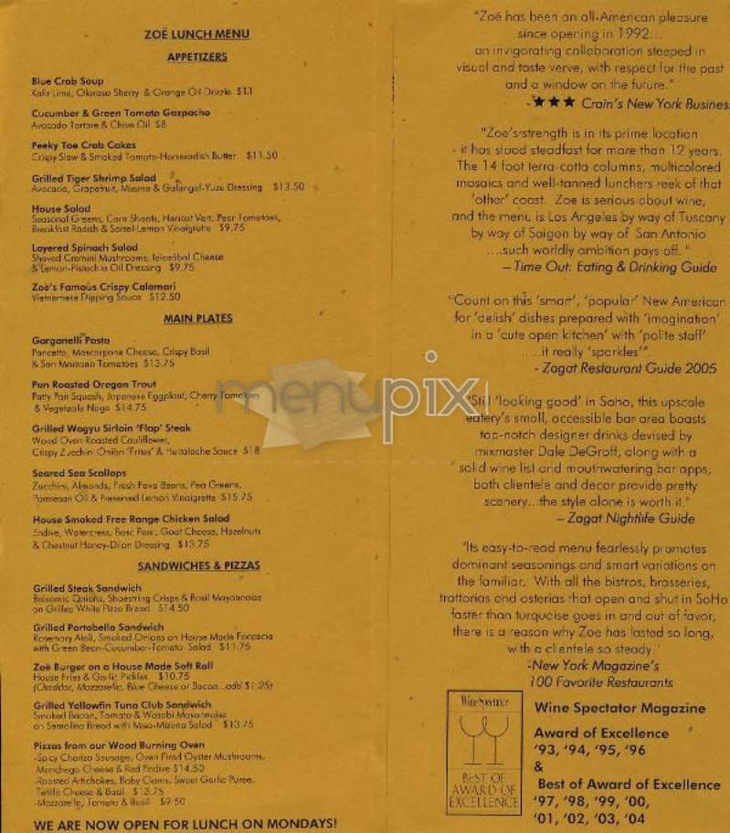Zoe - New York, NY menu_pic