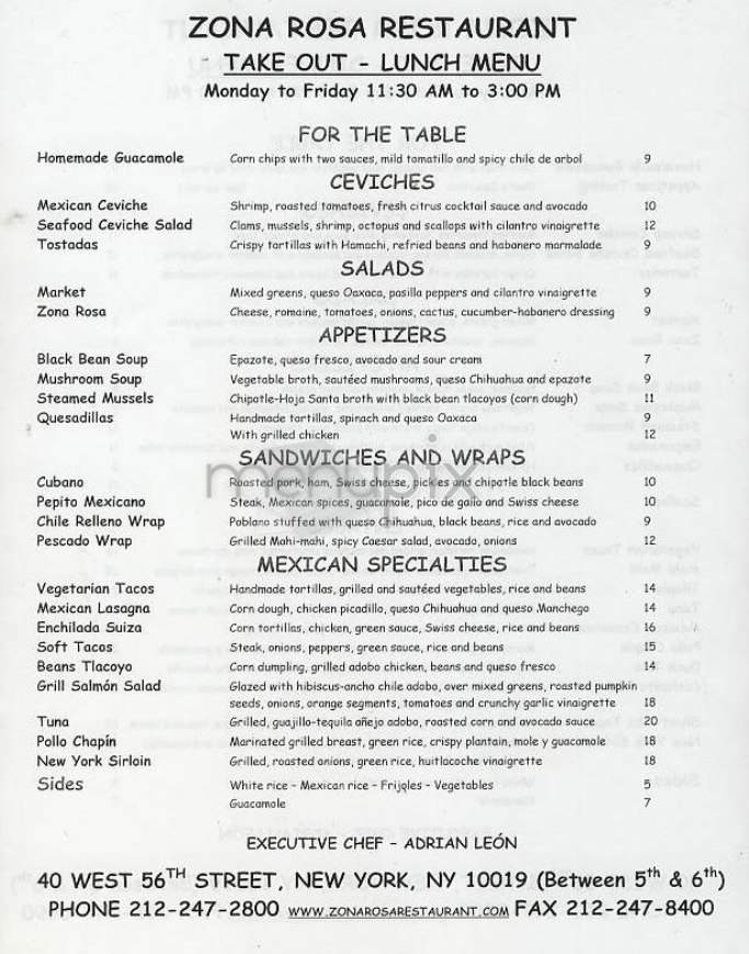 Zona Rosa - New York, NY menu_pic