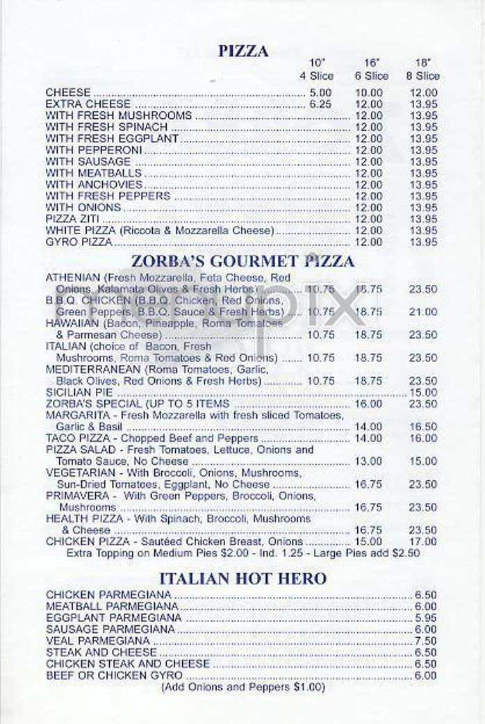Zorba's Pizza - New York, NY menu_pic