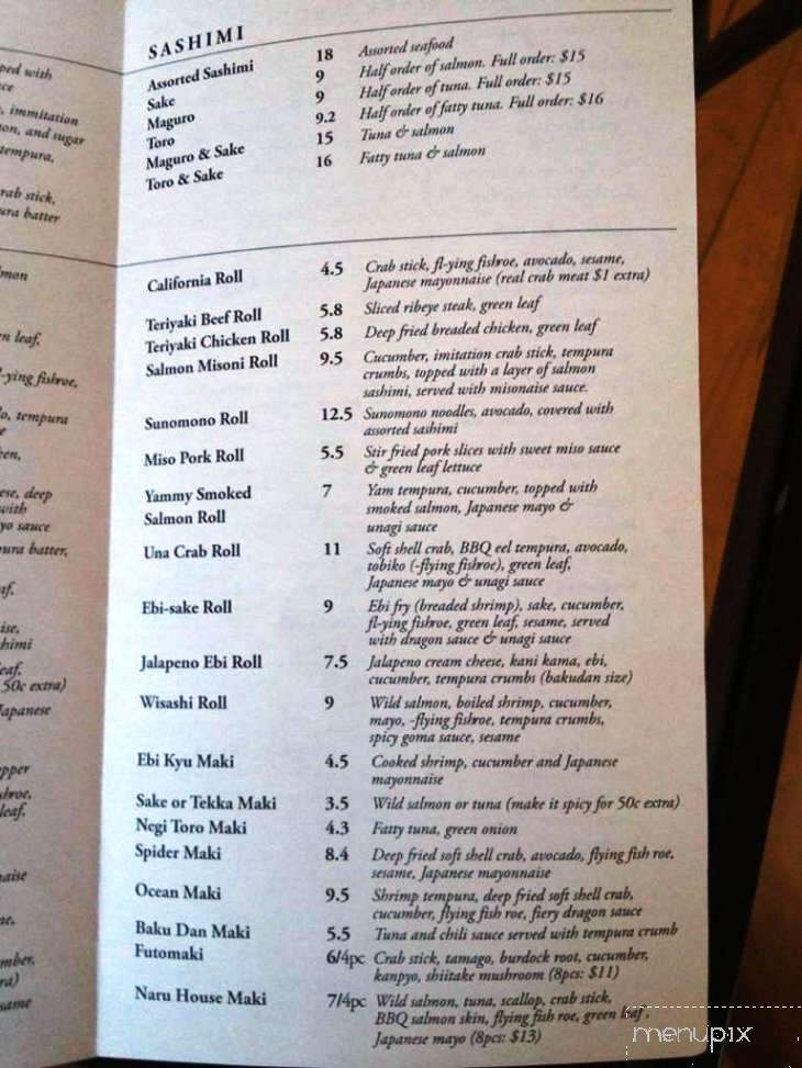 Menu of Naru sushi in Winnipeg, MB MB R3L