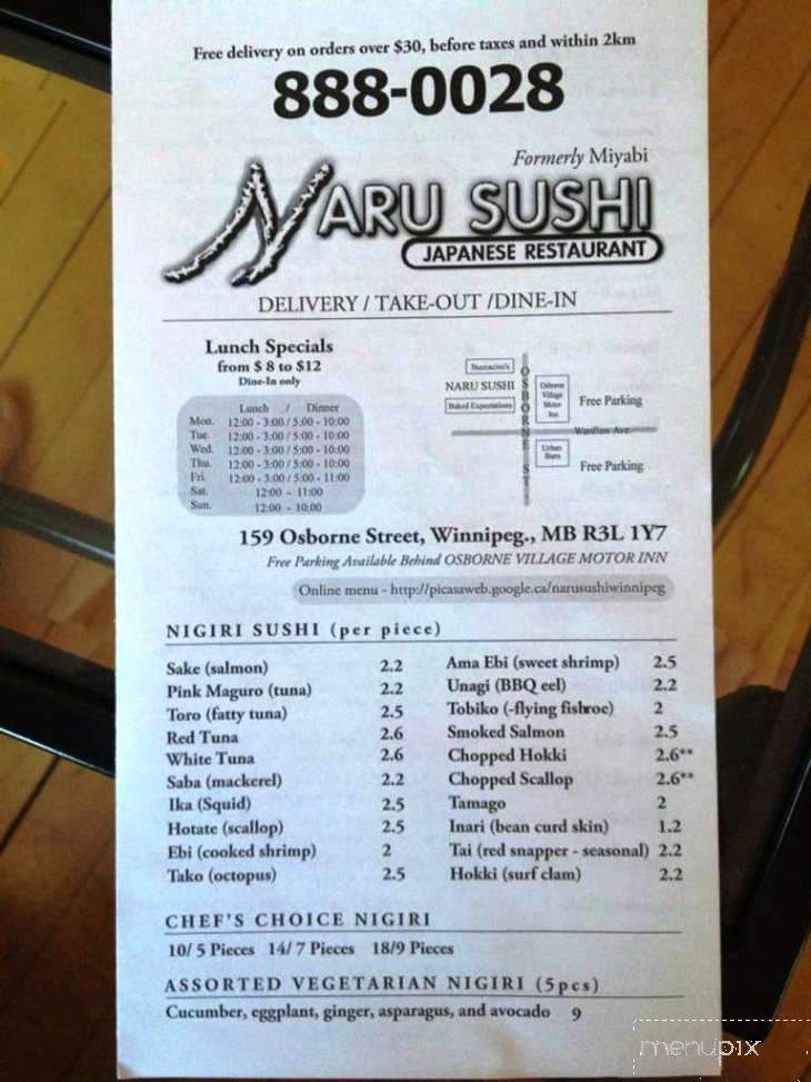Menu of Naru sushi in Winnipeg, MB MB R3L
