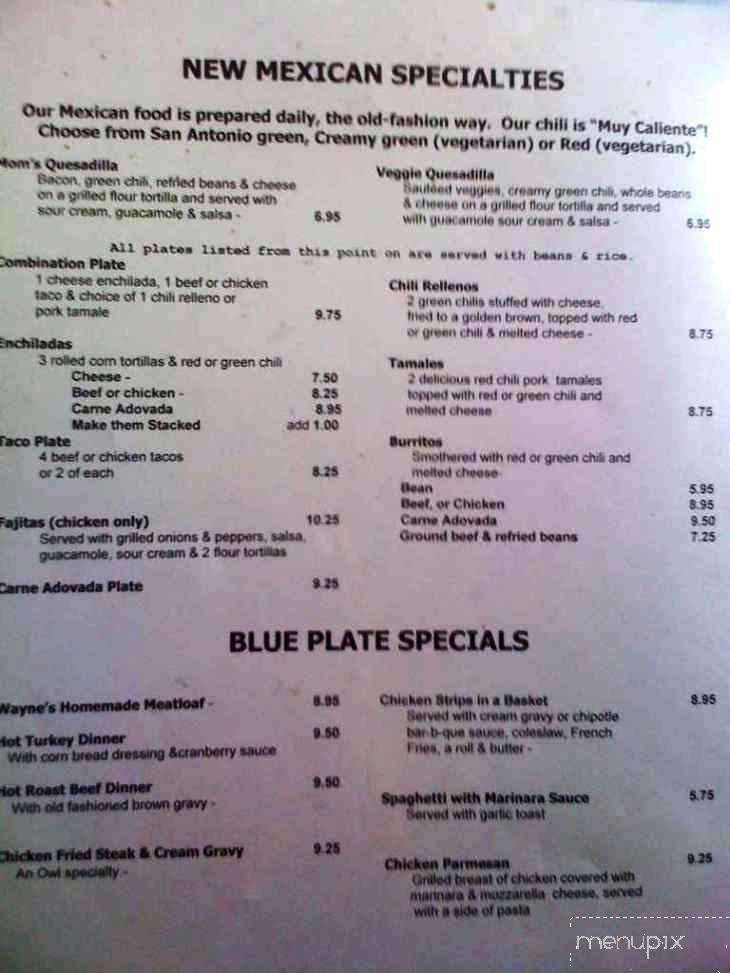 Menu of Owl Cafe in Albuquerque, NM 87114
