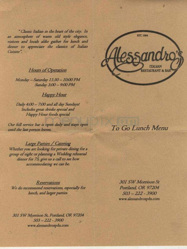 Alessandro's Italian Restaurant & Bar - Portland, OR menu_pic
