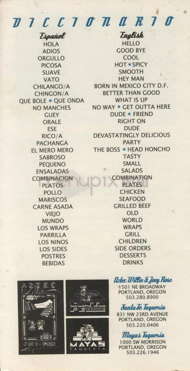 Aztec Willie & Joey Rose - Portland, OR menu_pic