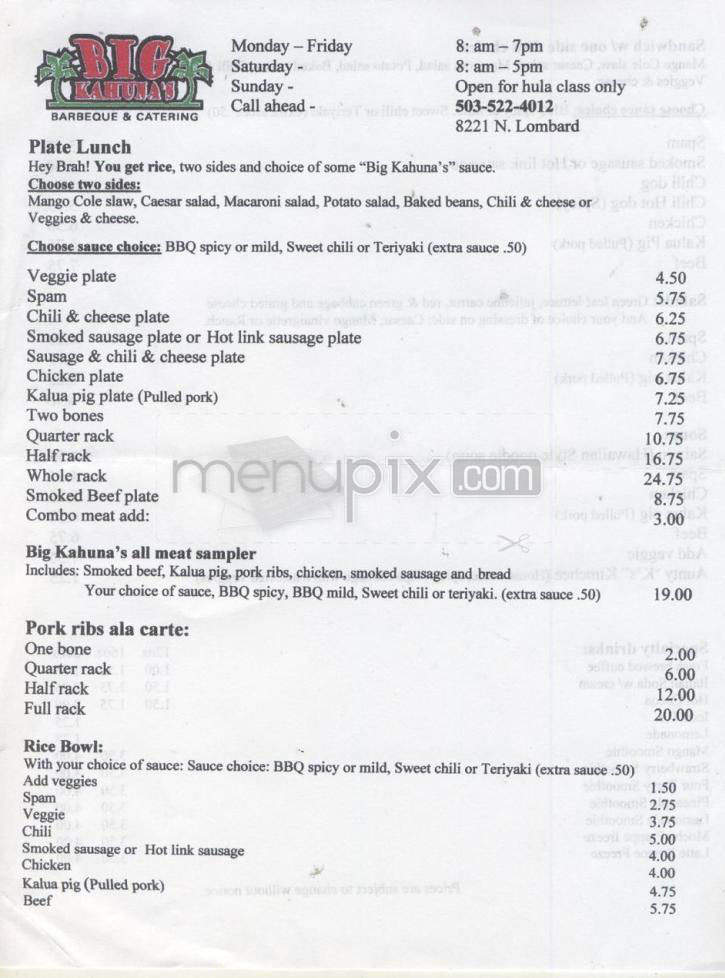 Big Kahuna's Barbeque - Portland, OR menu_pic