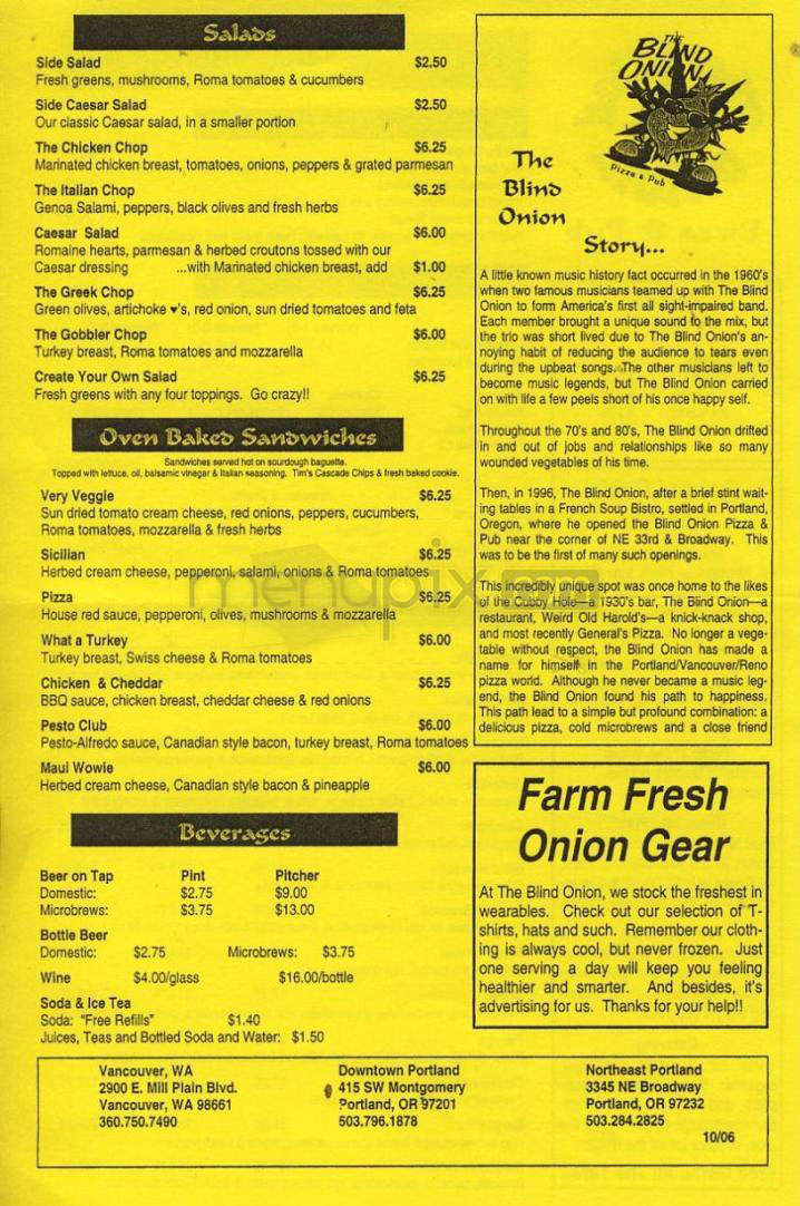 Blind Onion Pizza & Pub - Portland, OR menu_pic