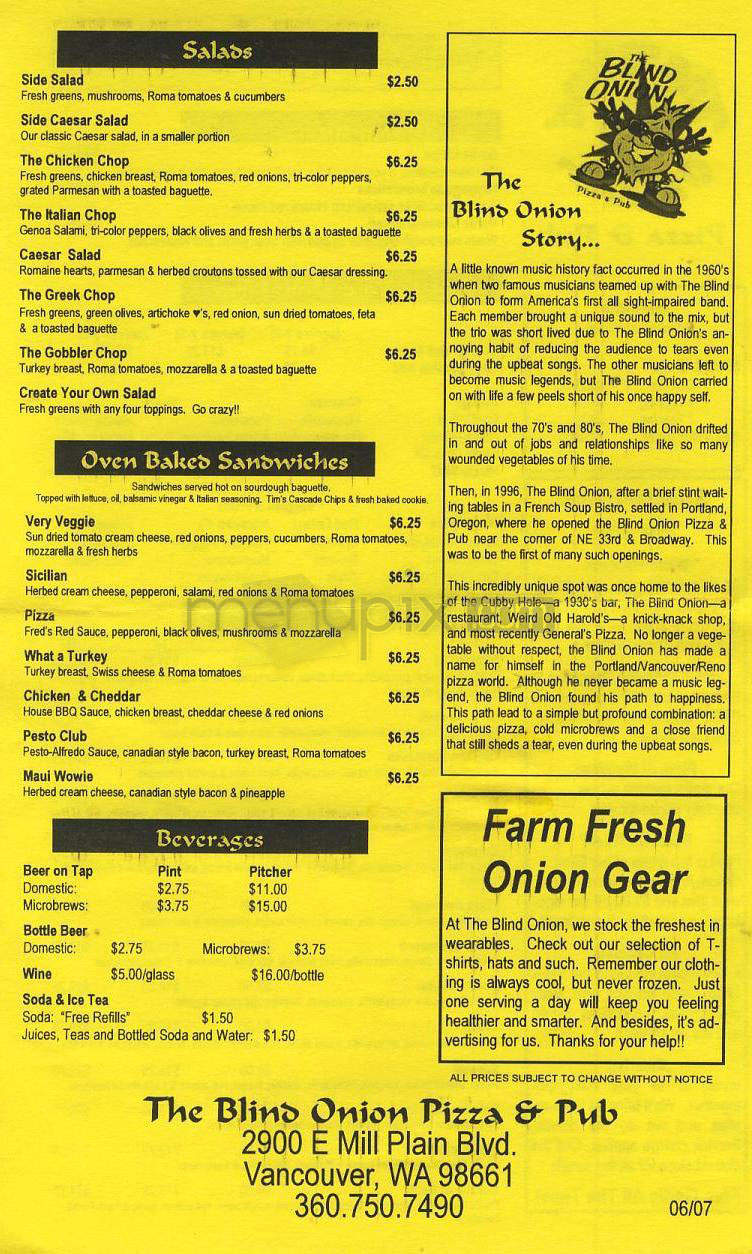 Blind Onion Pizza & Pub - Portland, OR menu_pic