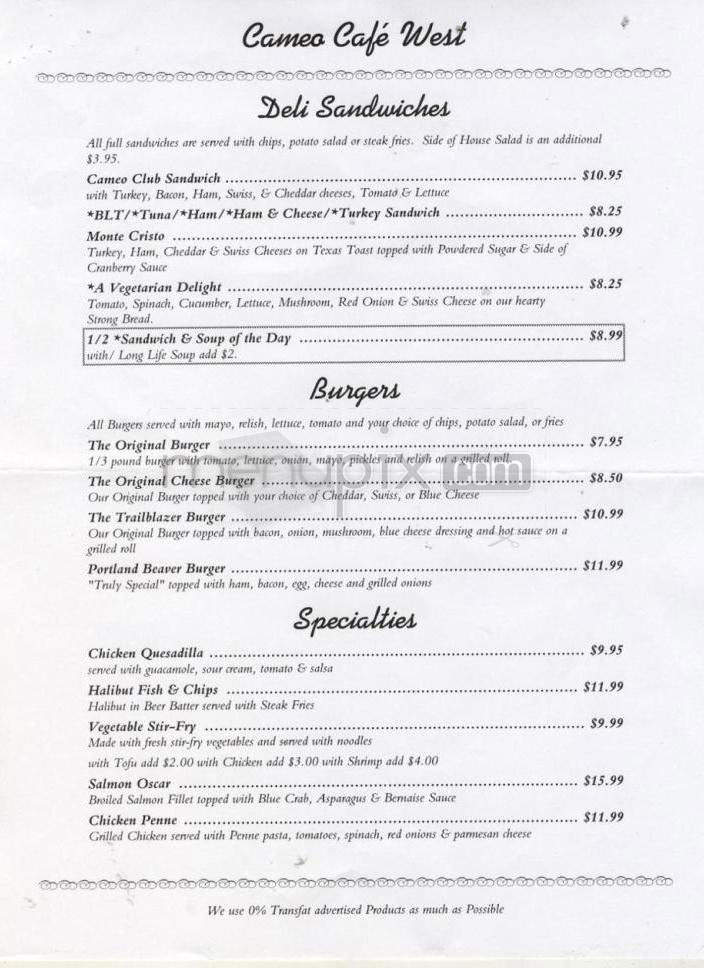 Cameo Cafe West - Portland, OR menu_pic